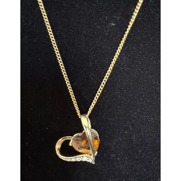 Pre-Owned Gold Heart Pendant Necklace with Citrine-Tone Heart & New Chain N120 - Picture 2 of 4